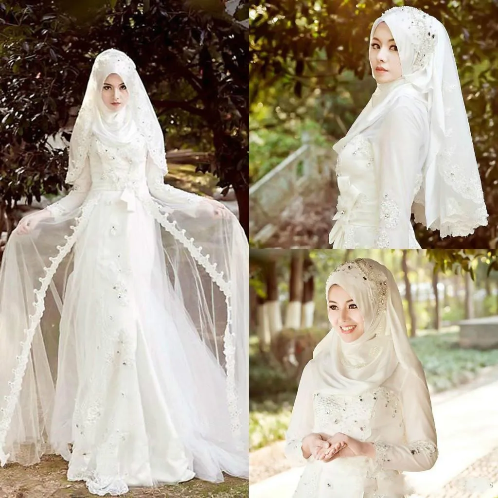 Grânulos Mulsim Inverno Manga Comprida Rendas Vestidos de Casamento Arábia Saudita Apliques Plus Size Bola Vestido de novia Formal Vestido de Noiva Árabe