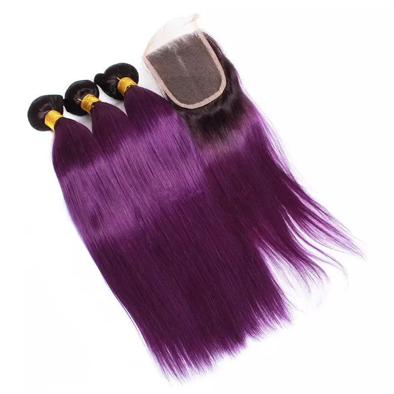 Straight Purple Ombre Virgin Peruvian Human Hair Bundle Deals With Closure Two Tone 1BPurple Ombre Weaves with 4x4 Lace 9222457