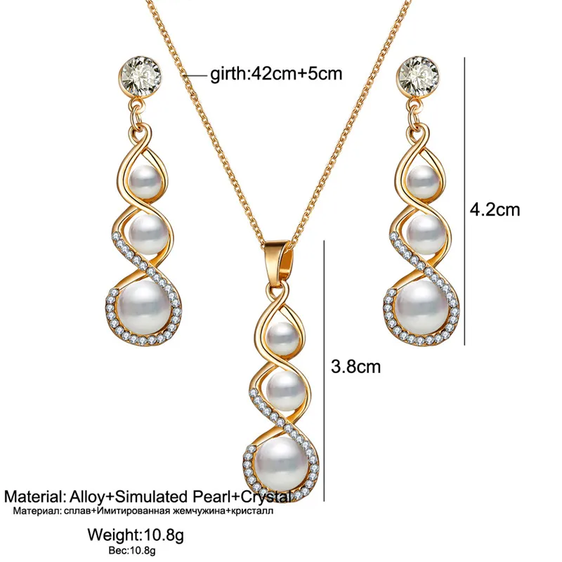 Fashion Gold Color Water Drop Simulated Pearl Crystal Necklace Stud Earrings Jewelry Set for Women Party Wedding Jewellery