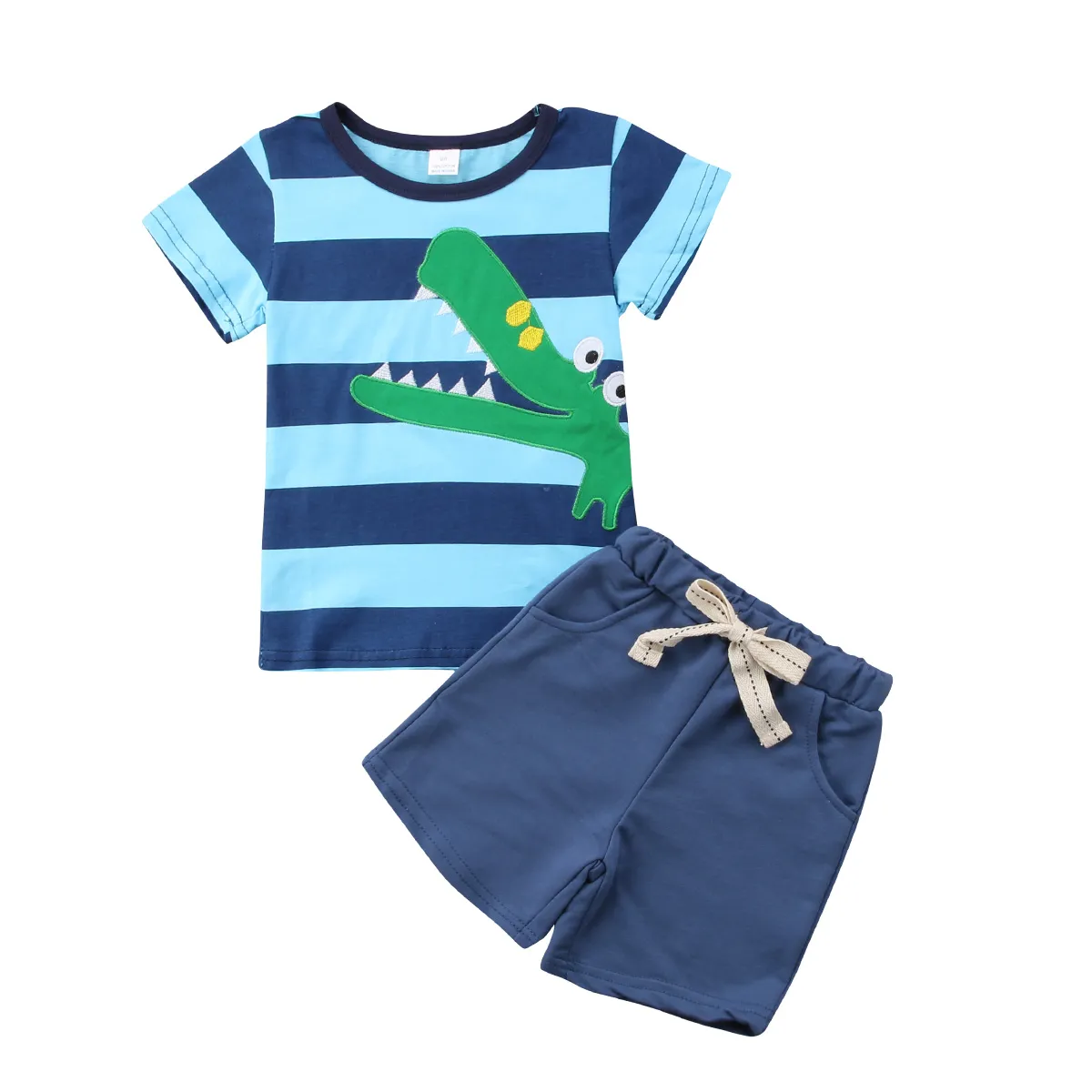 Karikaturdinosaurier-Babyjungen-Sommer kleidet blaues gestreiftes kurzes Hülsen T-Shirt + shorts 2pcs ein gesetzter beiläufiger Kinderjunge, der Butikenkleinkind kleidet