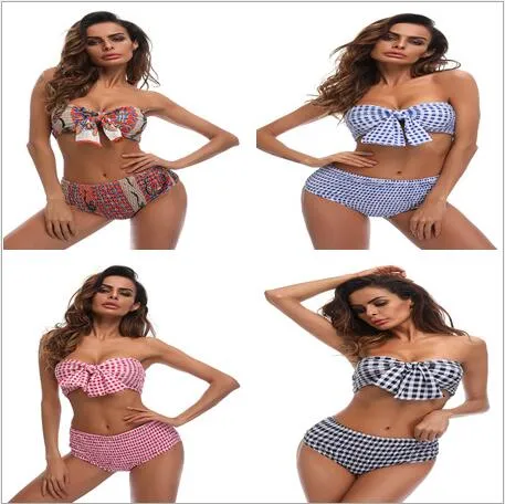 Yüksek Bel Bikini Kadın Moda Baskı Mayo Ekose Seksi Mayo Ilmek Biquini Maillot De Bain Mayo Sütyen Tanga Beachwear B4040