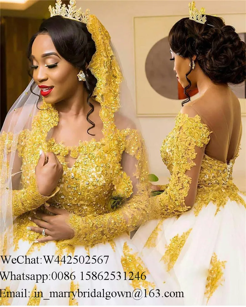 Bellanaija Gold Lace Ball Town Trouwjurken 2020 Plus Size Lange Mouwen Kristallen Kapel Trein Zwarte Meisjes Afrikaanse Moslim Bruidsjurken