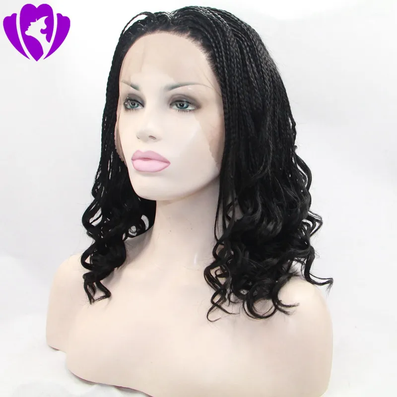 Bob caixa sintética trançado frente perucas Glueless curto trançado Lace Wigs com Baby Hair Natural HairLine para as mulheres negras meia mão amarrada