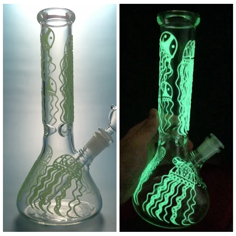 Beaker Hookahs Glow in the Dark Bong Straight Tube Glass Bongs 5mm Thick Water Pipe Dab Rig Jellyfish Bong GID04