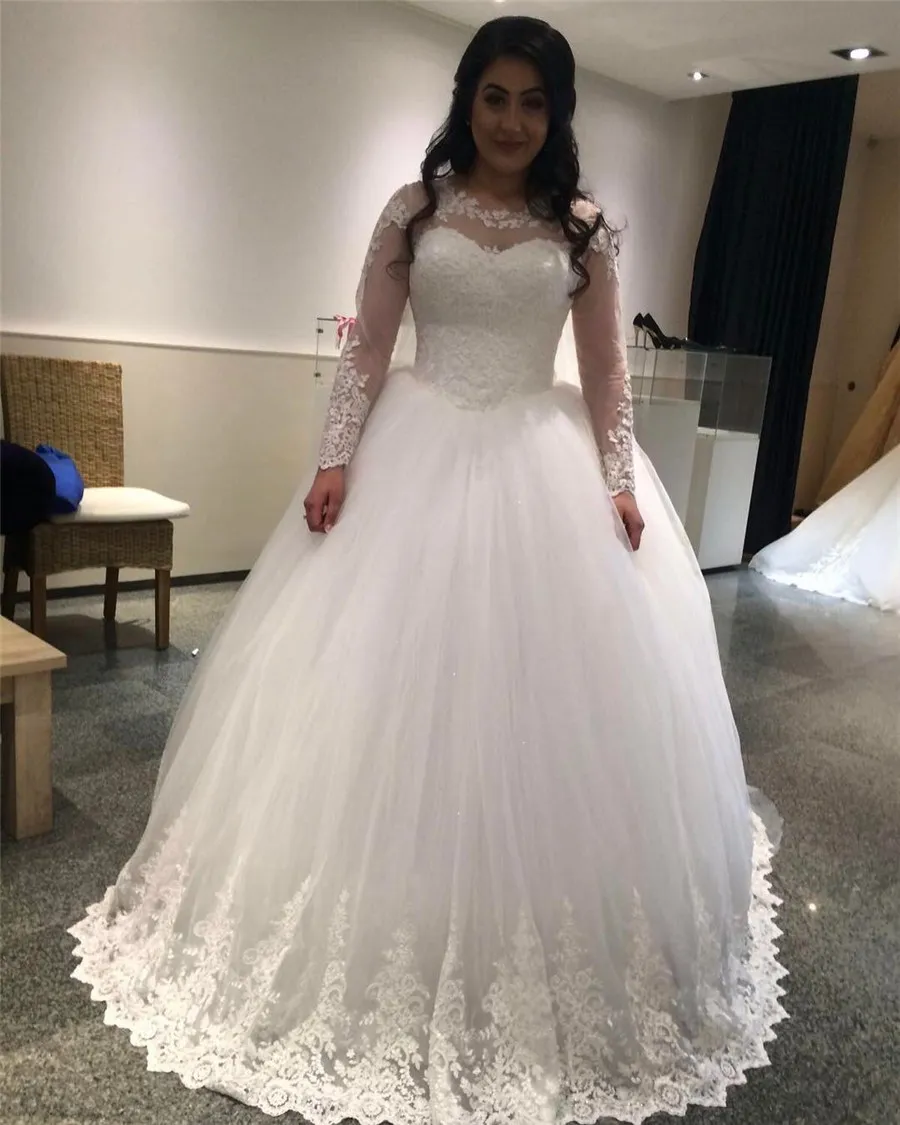 Romantische lange mouwen trouwjurk prinses bruidsjurken met prachtige kanten appliques baljurk bruid bruid jurken casamento