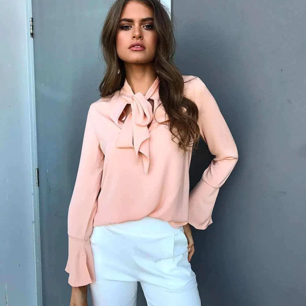 HOT 2018 Chemisier en mousseline de soie Casual Shirt Jaune Rose Noir Bureau Femmes couleur arc manches longues Blouse Tops