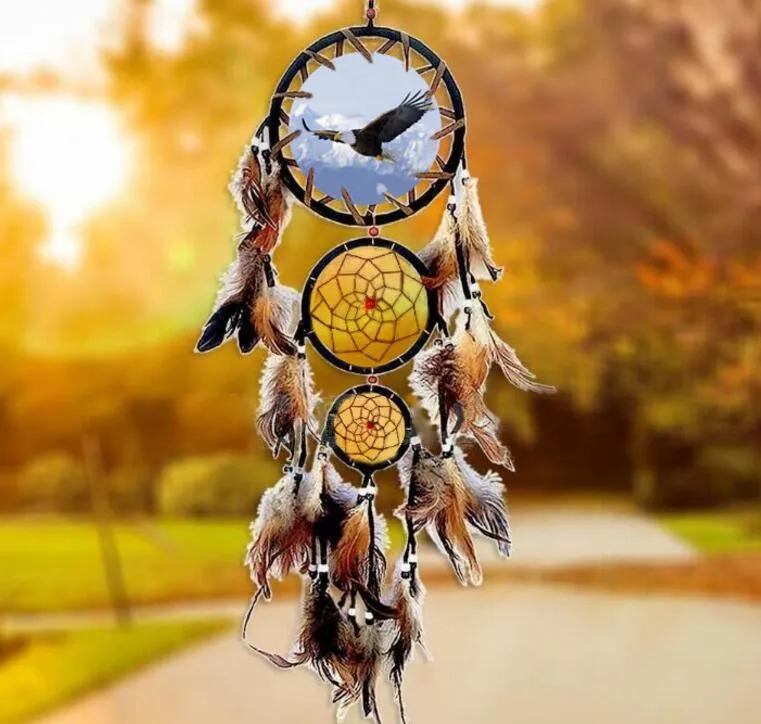 Nieuwe handgemaakte Dreamcatcher Wind Chimes Wolf Patroon Veer Hanger Dream Catcher Hanging Gift Woondecoratie Ornament GA127