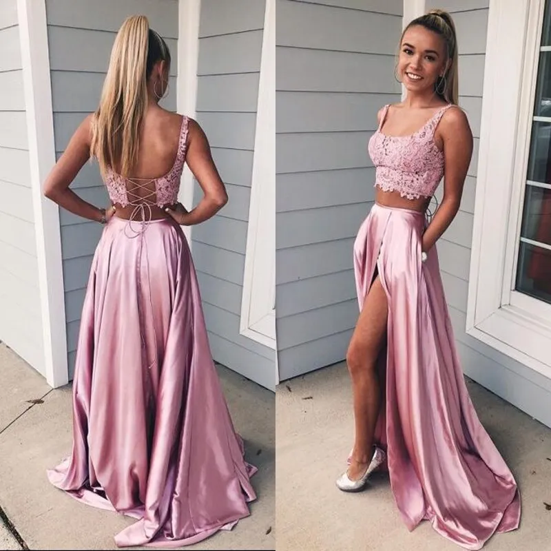 2019 Two Pieces Prom Dresses Scoop Neck Sleeveless Open Back Corset Lace Crop Top Sexy High Split Long Evening Party Gowns Sweep Train