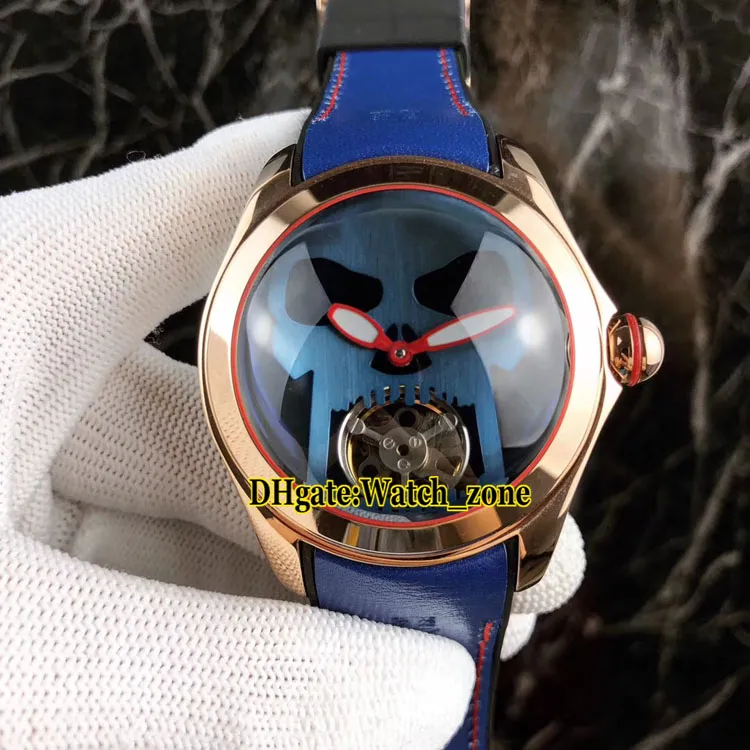 46MM Bubble Skull Head Automatic Tourbillon Blue/Black Dial Mens Watch Rose Gold Leather Strap High Quality Wristwatches