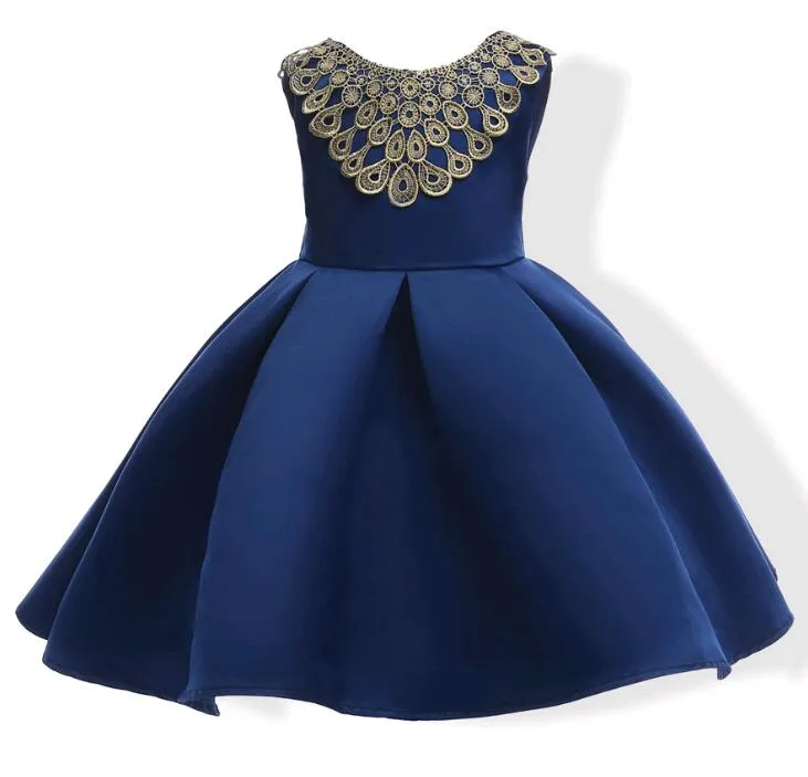 European and the United States Gold Edge Neck Design Dresses for Girls Wedding Satin Blue Red Color Princess Dress Kids Children Clothes