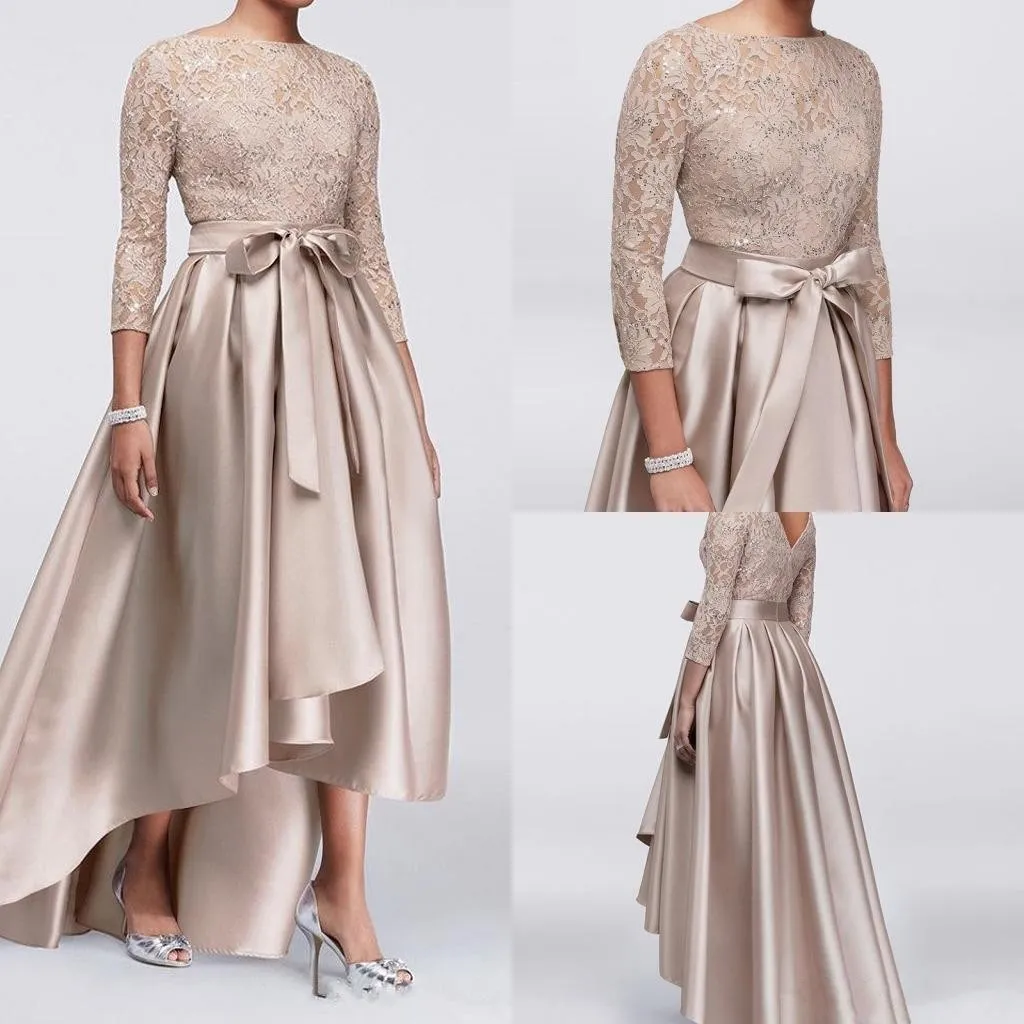 Mother Off Bride Groom Dresses Champagne Lace Applique Sequins Top 3/4 Long Sleeves Satin High Low Sashes Evening Gowns