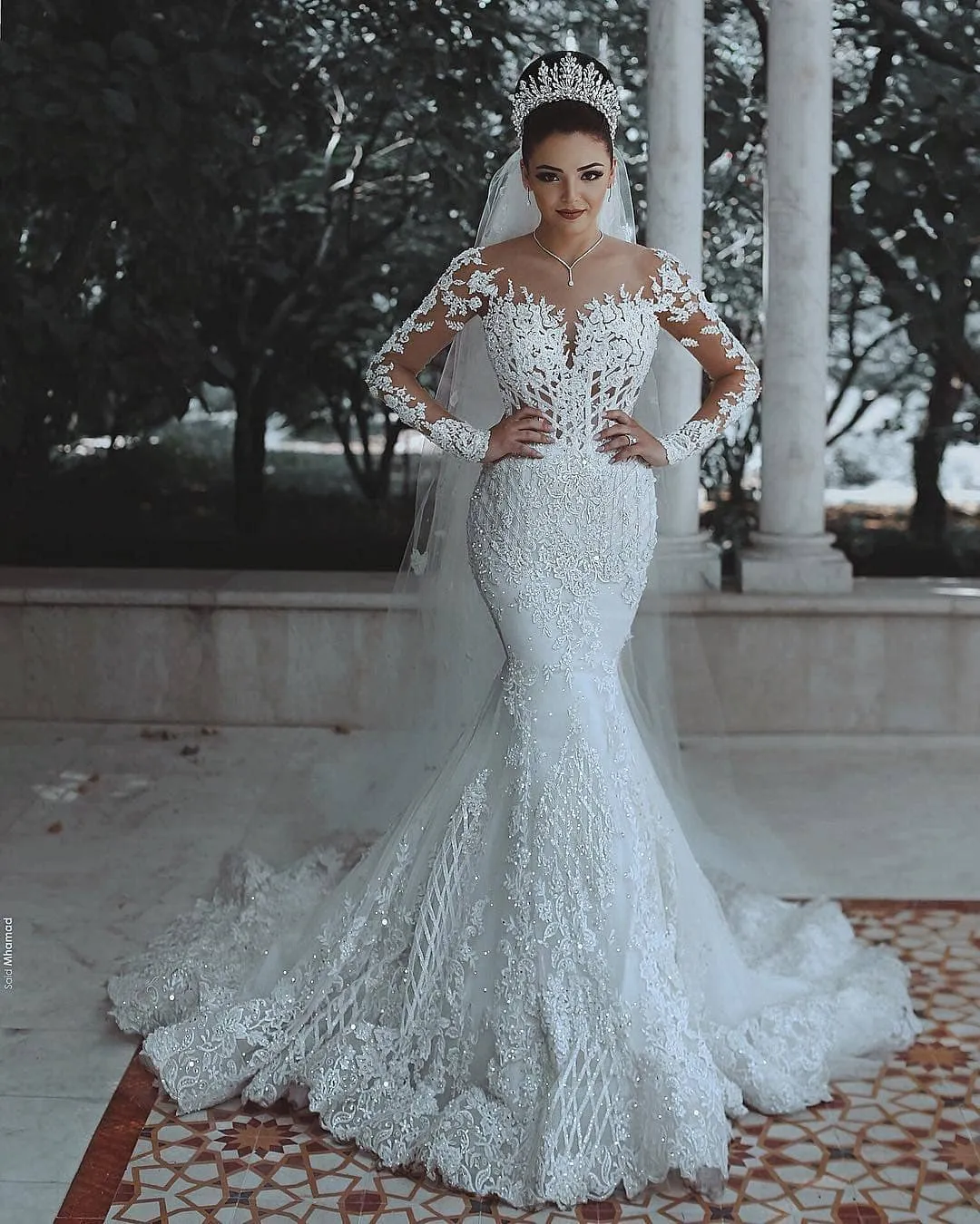 Sexiga sade Mhamad Lace Mermaid Bröllopsklänningar Sheer Neck Långärmade Pärlor Sequined Bröllopsklänningar Bridal Gowns Luxury Hochzeitskleid