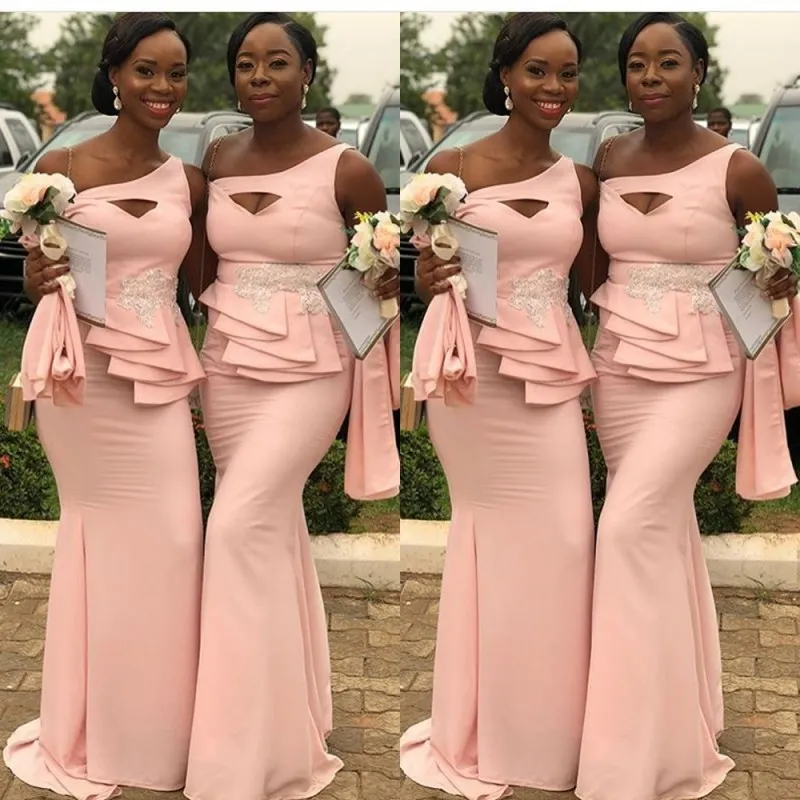 Jurken South African Mermaid Bridesmaid Klänningar Sexig One Shoulder Beaded Peplum Long Bridesmaids Klänningar Aso Ebi Kvinnor Party Gowns