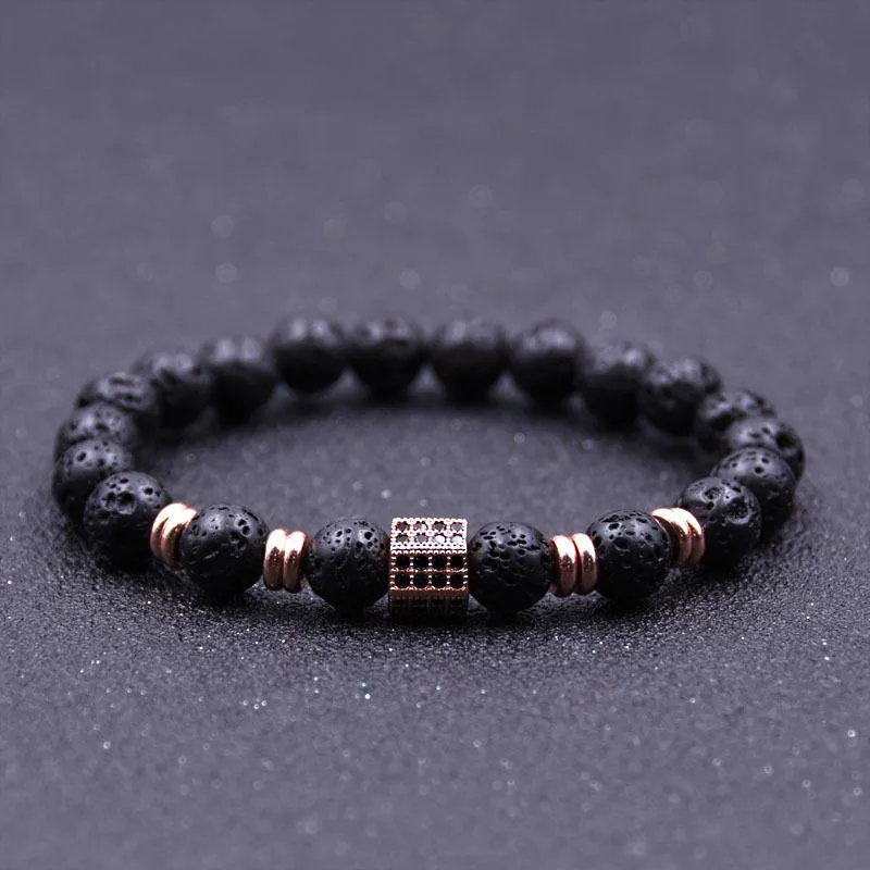 8mm Black Lava Kamień DIY Essential Oil Dyfuzor Bransoletka Cyrkon Inkruid Sqaure Charms Elastyczne Bransoletki Biżuteria Mężczyźni Kobiety