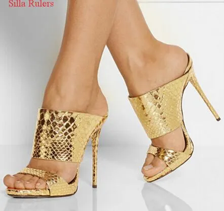 2018 or argent serpent estampé sandales gladiateur sexy sandales femmes talons hauts pantoufles femmes chaussures femme pompes sandales mujer