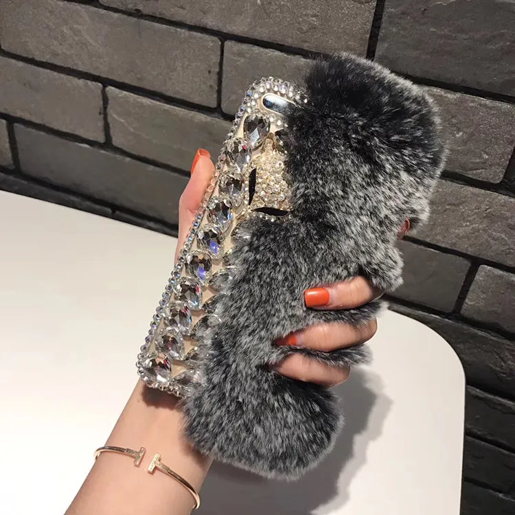 Glitter Diamond Phone Case for iPhone 13 12 11 Pro Max XR XS 7 8 Plus SE Samsung S20 S21 Ultra Fur Fox Head Sparkle Rhinestone Protective Shell Shockproof