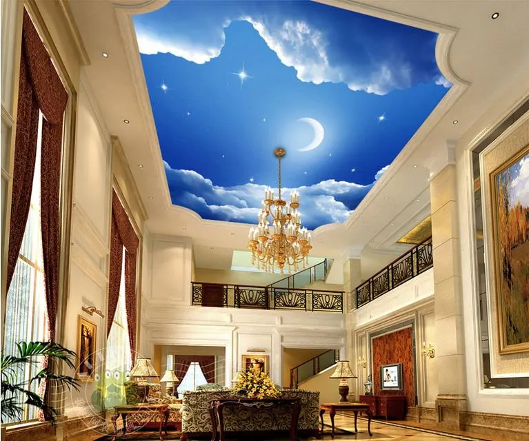 Murales de papel tapiz de techo 3d Fantasía 3d cielo azul fresco estrellas de media luna blanca cielo cenit frescos1309020