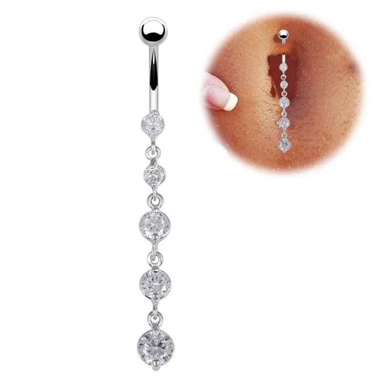 Rvs Zirkoon Lange Dangle Ronde Rhinestone Navel Belly Ring Button Bar Barbell Ringen Piercing Reverse Sieraden