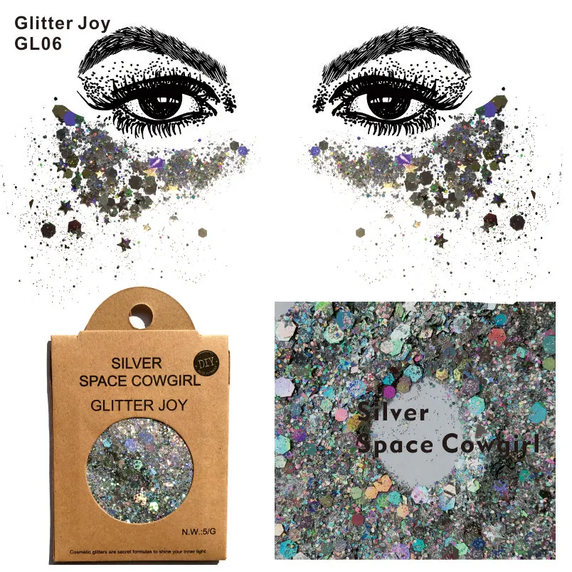 GL06 ett paket silver rymd cowgirl chunky body glitter paljetter glitter ansiktsfestival skönhet kropp makeup