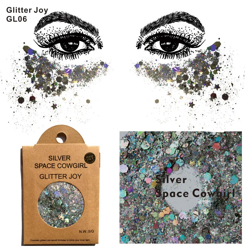 GL06 una confezione di Silver Space Cowgirl Chunky Body Glitter Paillettes Glitter Face Festival Beauty Body Makeup