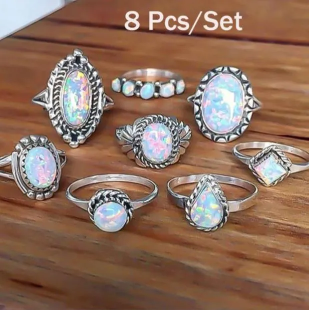 8 sztuk / zestaw Pierścionki Zestaw Sterling Silver Natural Gemstone Fire Opal Diamond Zaręczyny Retro Prosta Biżuteria Prezent