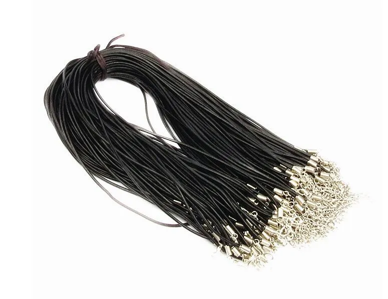 100st 2mm svart äkta läder halsband sladd sträng rep tråd 45cm DIY smycken förlängare kedja med hummer lås komponenter