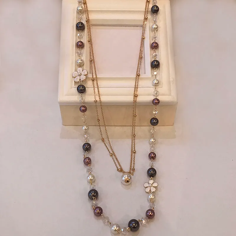 真珠ネックレスクラシックファッションエレガントなクリスタル多層セーターロングネックレス/女性アクセサリー卸売コリーマフェムメ/ネックレス/カール