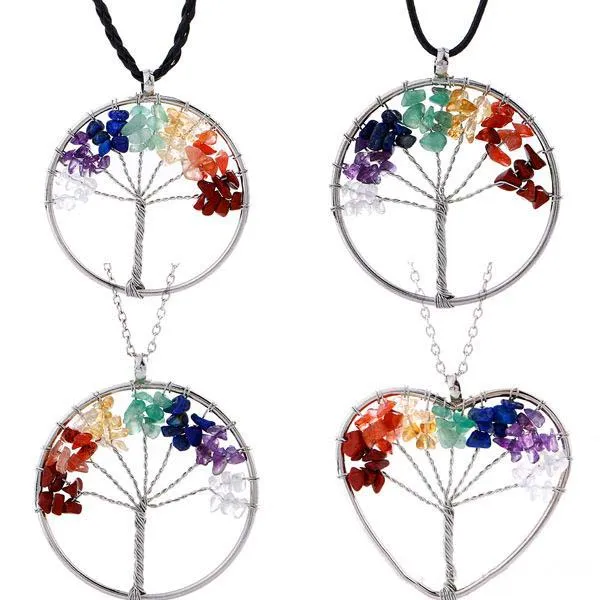 7 Chakra Tree of Life Halsband Rainbow Natural Stone Quartz Pendant Black Cord Wire Rope Chain för Kvinnor Mode Smycken Gåva