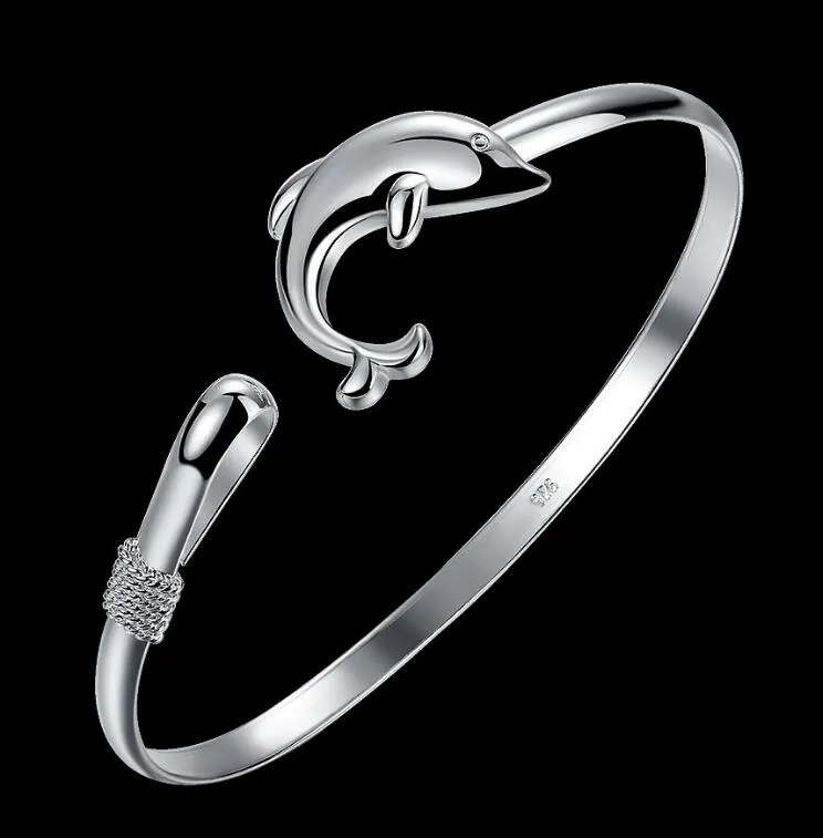 925 Silver Product Charm Handmade Classic Dolphin Open Adjustable Bangles Antique 925 Silver Bracelets Bangles Women304J