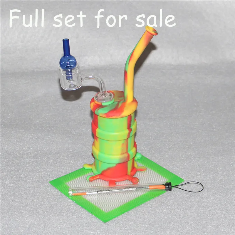 Hot selling Hookah Bongs silicone water pipe with double wall quartz banger+ glass carb caps +silicone mats wax dabber tools dab rig