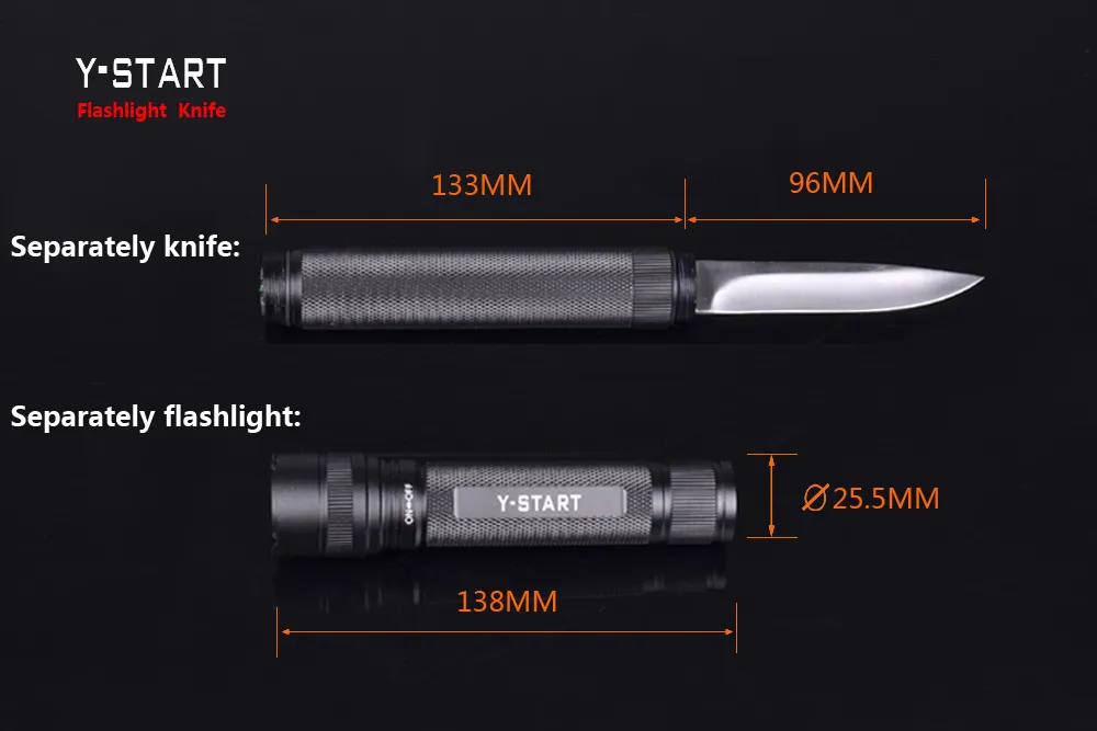 Y-START windy multifuncional linterna cuchillo mango de aleación de aluminio hoja satinada anodizada para supervivencia, senderismo al aire libre, equitación