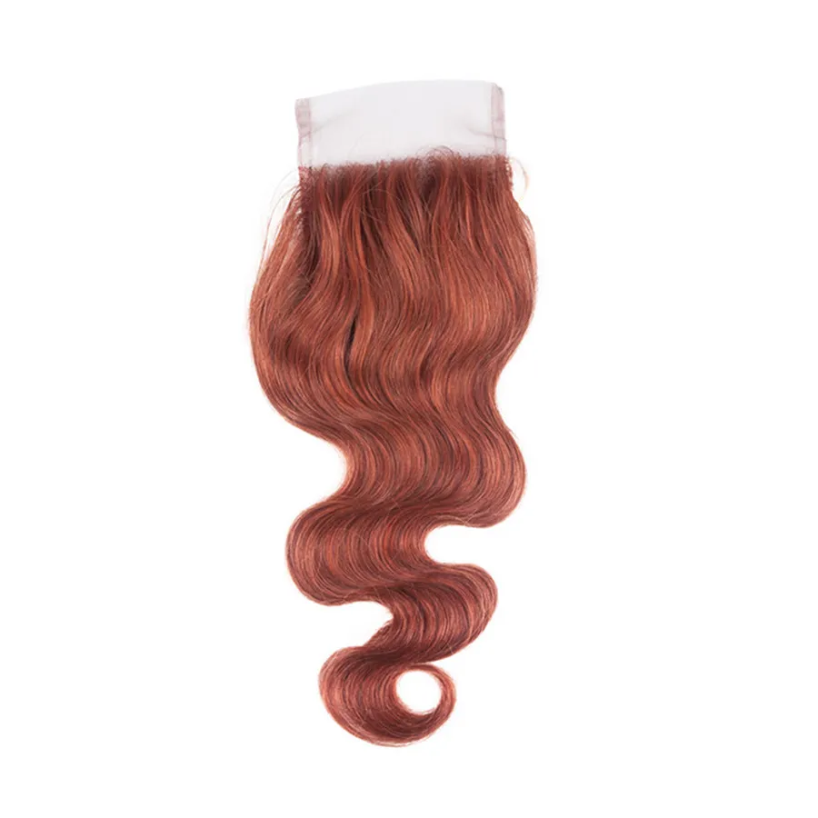 Mörk Auburn Lace Closure med buntar Kroppsvåg Brasilianska Virgin Hårbuntar 3st med 4 * 4 Topplåsning Färg 33 # Mörkbrunt hårväft