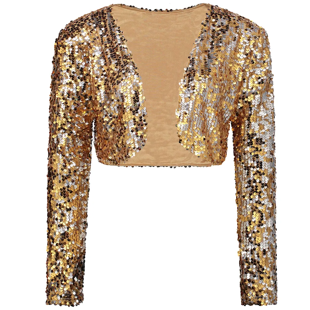 Sparkly Seksi Kadınlar Pullu Hırka Ceket Kaban Uzun Kollu Kısa Kırpılmış Bolero Shrug Clubwear Vintage Parti Kostümleri