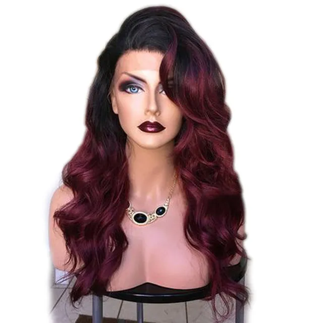 - Asia 24” RED OMBRÉ  BANG SIDE PART CURLY Wig Wig With Bangs Fringe Wigs Human Hair Wig For Women Peruvian  main image 4
