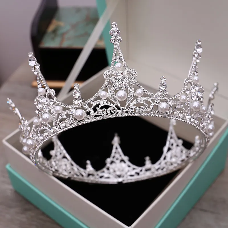 Brillante europäische Hochzeitskrone, Kristallperlen, Perlen, klassisches Silber, Braut-Kopfschmuck, Stirnbänder, Damen-Haarschmuck, Tiaras, Party 3763801