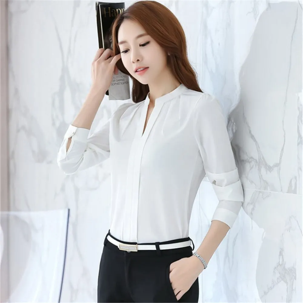 2018 Korea Moda Bluzka Kobiety V-Neck Shirt Summer Work Wear Office Ladies Top Różowy Biały Z Długim Rękawem Kobiet Plus Rozmiar Bluzka