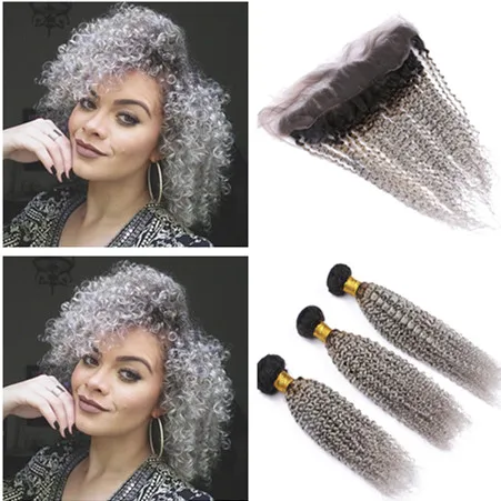 # 1B / Gris Ombre Péruvien Extensions de Trame de Cheveux Humains avec Frontal Noir et Gris Argent Ombre 13x4 Fermeture Frontale en Dentelle avec Tissage 3Bundles