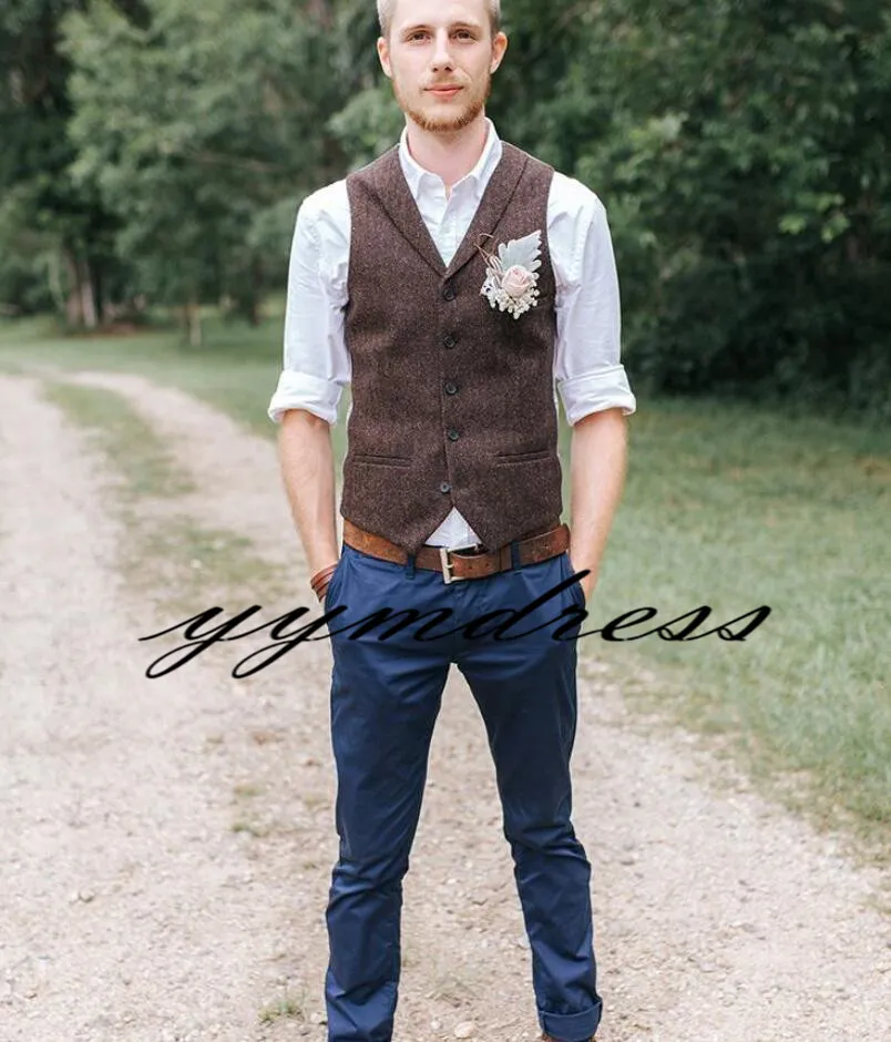 2019 Vintage Brun Foncé Tweed Mariage Groom Gilets Laine À Chevrons Groomsmen Gilets Hommes Costume Gilets Slim Fit Hommes Robe Gilet Gilet