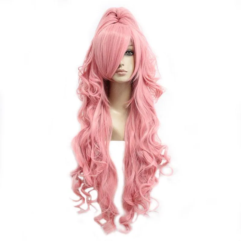 Long Wig Curly Pink Hair Ponytail Cosplay Lady Costume Full Synthetic With Bangs