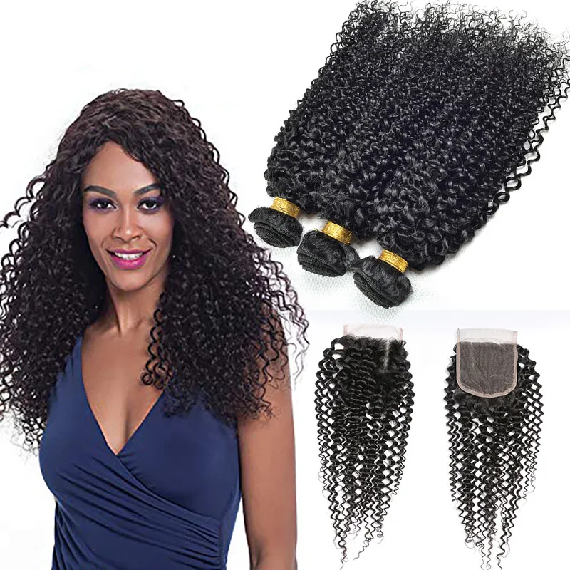 Extensions de cheveux humains non transformés indiens 3 faisceaux avec fermeture à lacet 4X4 Trames de cheveux vierges de vison bouclés crépus avec fermetures supérieures Couleur naturelle