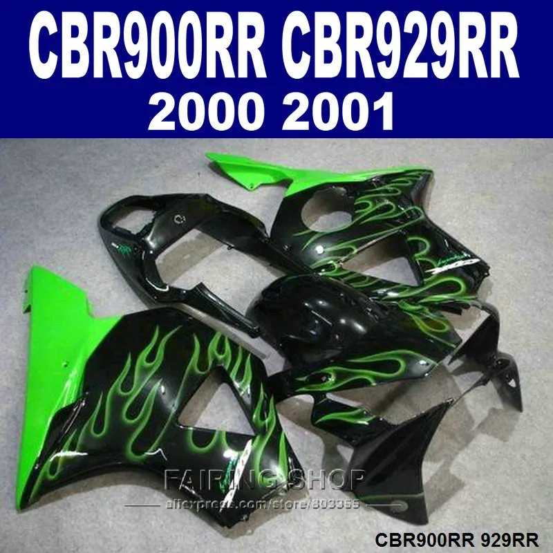 Honda CBR900RR CBR929 2000 2001 için sıcak satış kaportalar set siyah fairing kiti CBR929RR00 01 RT60 yeşil alevler