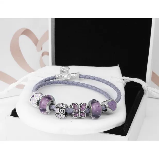 Perlina di fascino viola in argento sterling 925 adatta per braccialetti europei Pandora per gioielli da donna con catena in vera pelle a doppio strato