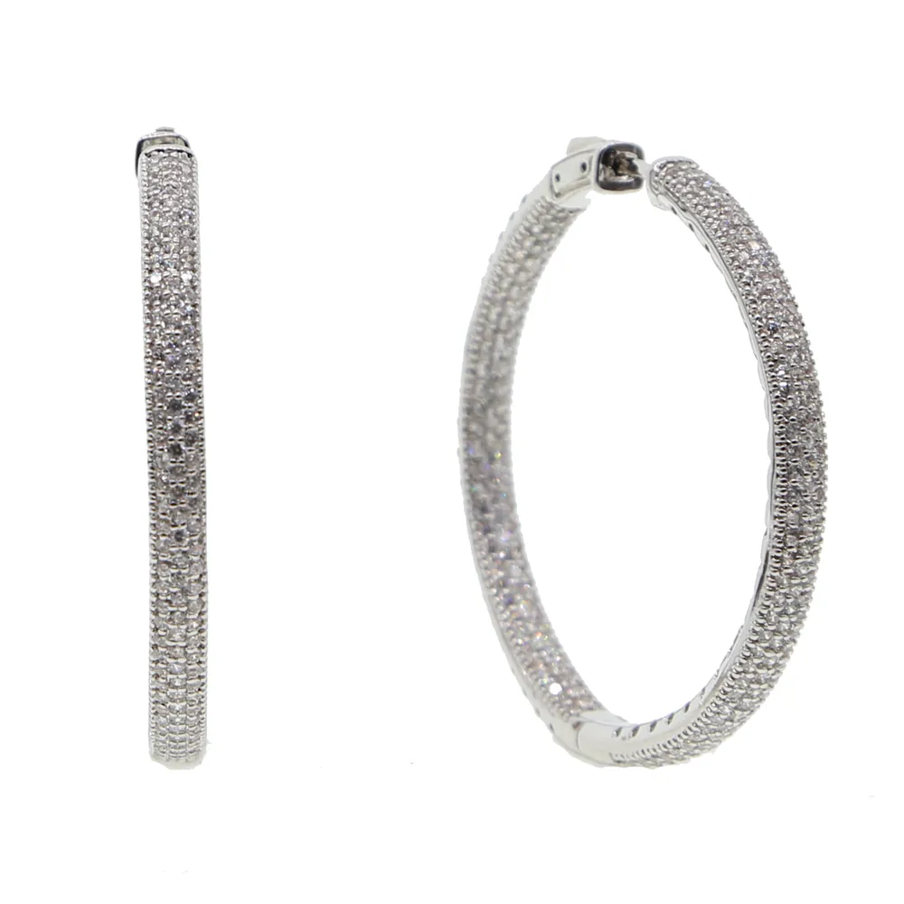 new micro pave cz big hoop earring 25mm 50mm 2 sized fashion jewelry cubic zirconia shiny silver plated classic jewelry