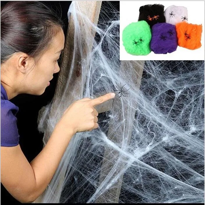 Halloween Spider Web Festivale Bar Decoration Prop Terror Spider Webs med 2 Spindlar Childen Trick Leksaker Haunted House Decoration