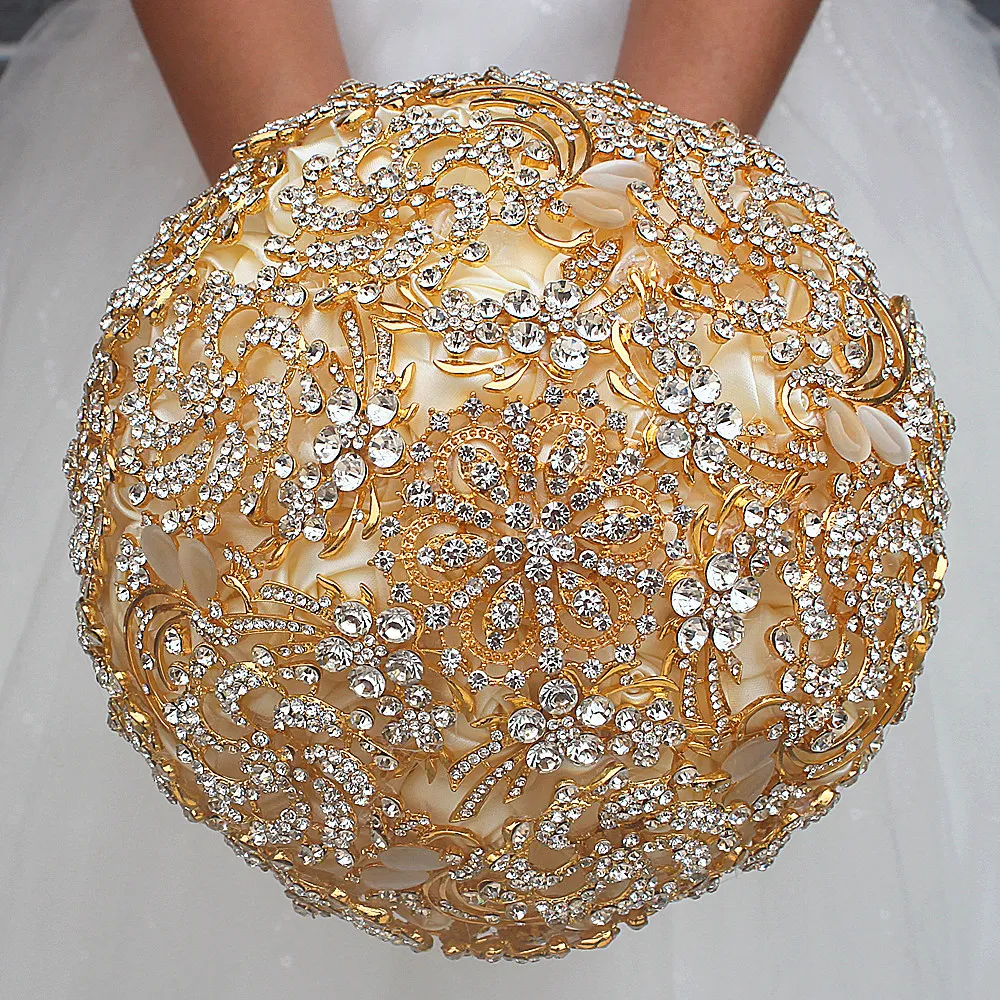 Роскошные Свадебные Букеты Для Свадьбы Королевский Золотой Кристалл Rhinestone Невесты Цветы Брошь Букет Для Подружек Невесты Золотой Блеск Буке Де Noiva