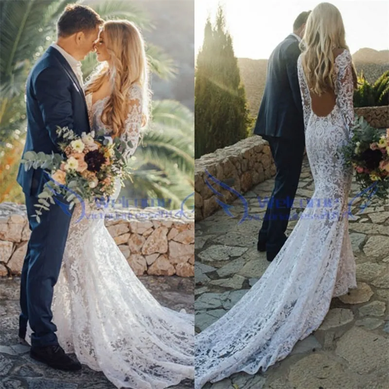 Underbara Bohemian Mermaid Bröllopsklänningar Court Train Långärmade Boho Brudklänningar Full Lace V Neck Backless Wedding Dress