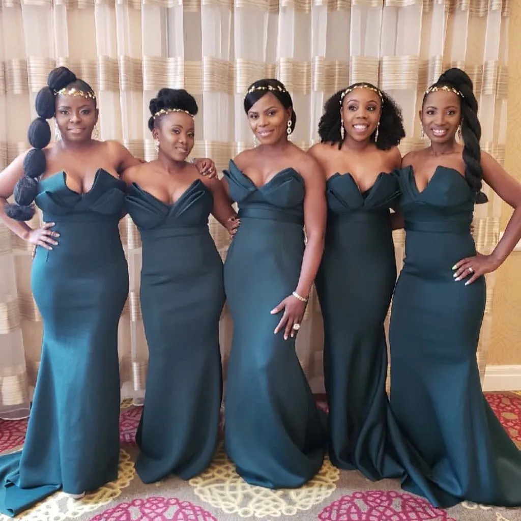 Hunter Green Sexy Strapless V Neck Mermaid Bridesmaid Dresses 2018 Nigerian African Floor Length Maid Of Honor Gowns Beach Weddings