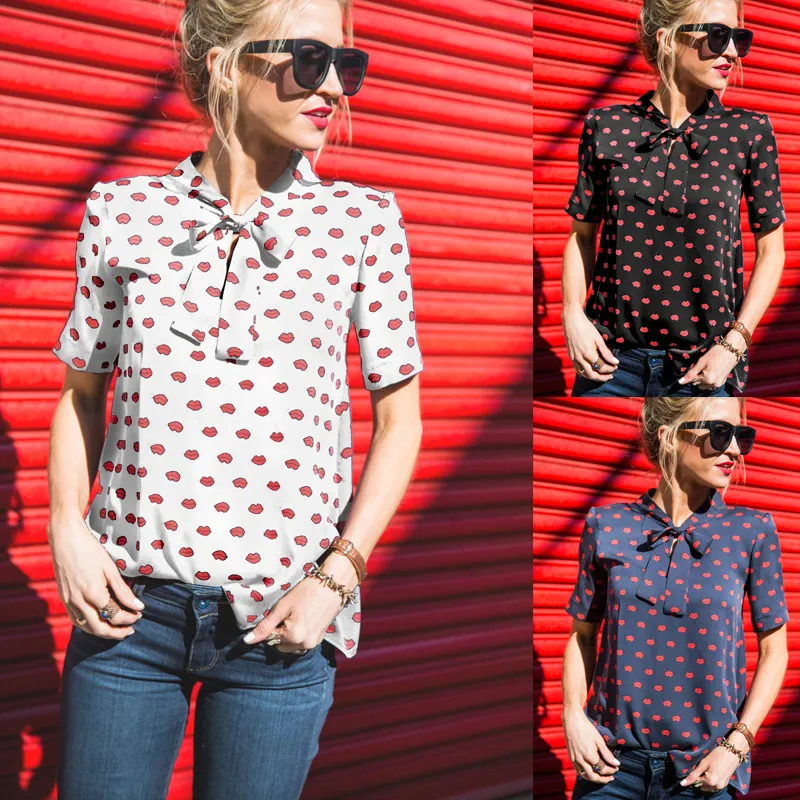 Vrouwen zomer tops lip print blouse nieuwe mode korte mouw boog chiffon shirts revers nek kantoor blouse casual blouses