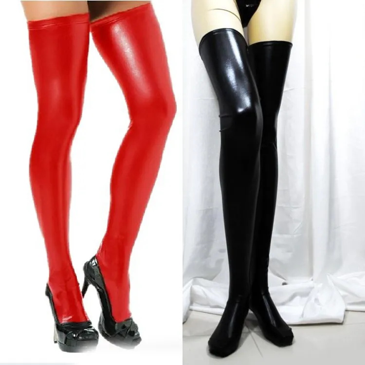 Sexy catsuit dominatrix traje meias japanned couro lingerie meias de couro patente coxa alta látex borracha gel preto red4640386