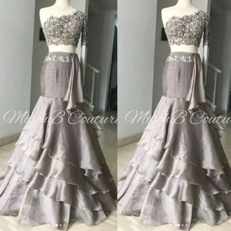 Two Pieces Prom Dresses One Shoulder Lace Top And Chiffon Skirt Evening Gowns Layers Floor Length Formal Party Dress Custom Made